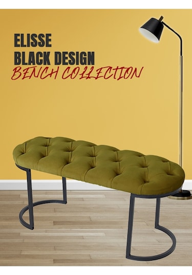 Elısse Black Puf - Metal Ayaklı Kapitoneli Model Puf, Hardal Bench