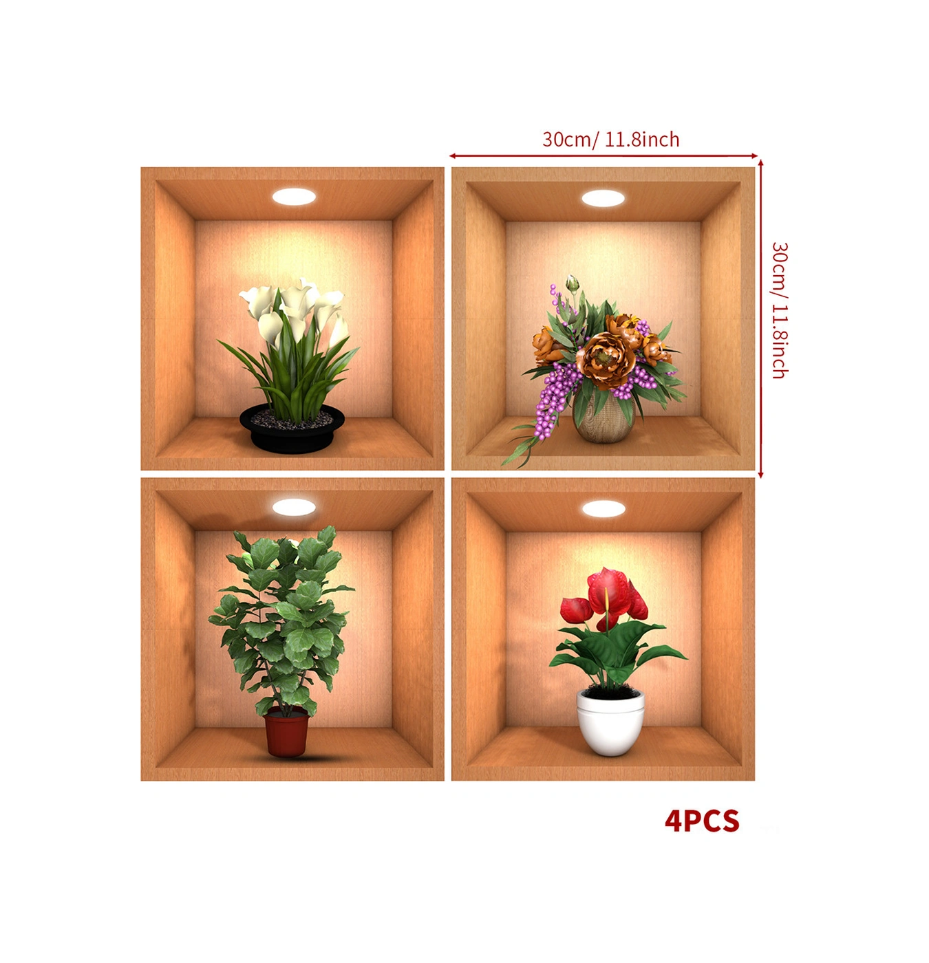 Hombey 3d Yeşil Bitki Duvar Sticker, Vinyl Materyal, Su Geçirmez, Kolay Uygulama, 4 Adet, 30x30cm, Çeşitli Yüzeyler İçin Çok Renkli