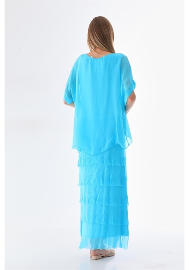 İtalyan 2 Beden İnce Gösteren Yarım Kol Kat Kat Ipek Elbise Turkuaz