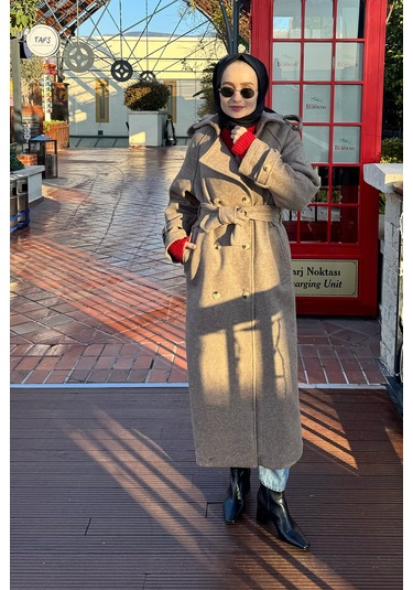 Uzun Apolet Detaylı Kaşe Kaban Kahve Kahve