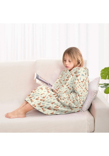 Fox Desenli Çocuk Giyilebilir Battaniye Hoodie, 6-13 Yaş İçin Kalın Flanel Kapüşonlu-a5 Fox Fern Leaf