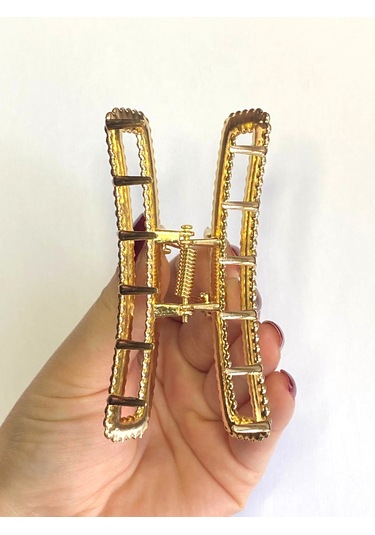 7 Cm Taşlı Eliptik Gold Saç Tokası Işıltılı Ve Zarif Metal Mandal Toka Altın