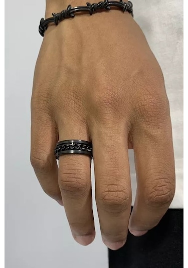Ortası Dönebilen Zincirli Erkek Kadın Anti-stres Çelik Alyans Yüzük Cl43 Siyah