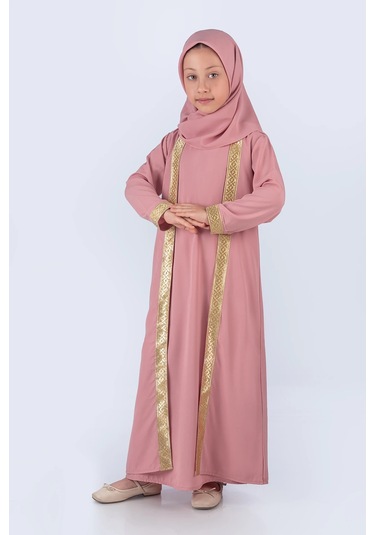 Eşarplı Ferace Medine İpek Kumaş Kız Çocuk Pembe