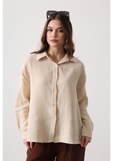 Müslin Uzun Kol Gömlek - Bej Bej