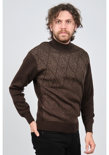 Ateş Triko Erkek Yarım Balıkçı Yaka Desenli Kazak 6091804 Kahvere Kahverengi