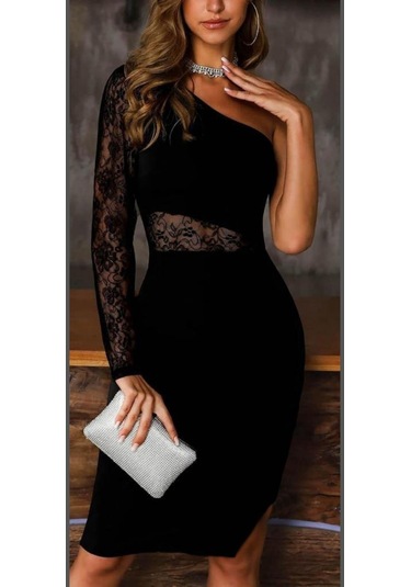 Kadın Siyah Tek Kol Dantel Detay Krep Elbise Bediva 001