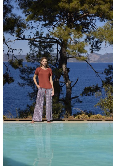 Monamise Kadın Etnik Desenli Kısa Kollu Alt Üst Takım 25024 Kiremit