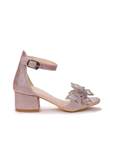 Kiko Kids Zete Kum Simli Kız Çocuk 4 Cm Topuklu Sandalet Abiye Ayakkabı Pudra Pudra