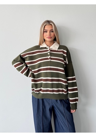 Kadın Polo Yaka Çizgili Triko Kazak Haki