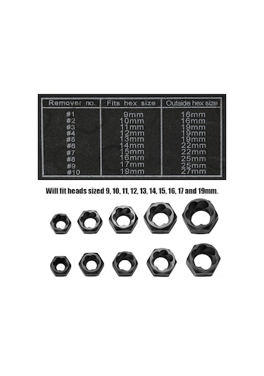 Ximistore9 "10'lu Hasarlı Cıvata Ve Somun Sökme Takımı - Dayanıklı Alaşım - 9-19mm"