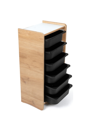 Montessori Mdf Oyuncak Dolabı 6 Siyah Plastik Çekmeceli Ceviz