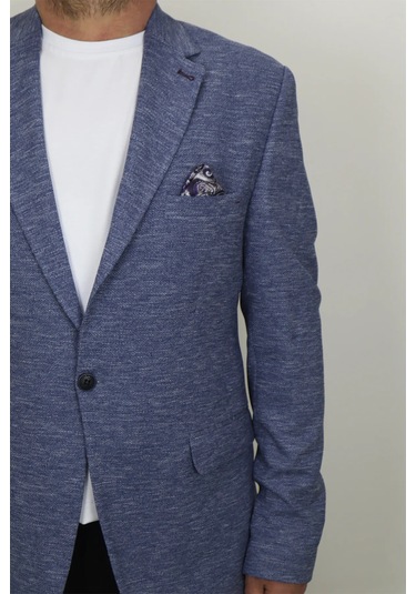 Moda Dmctekstil Erkek Kırçıllı İtalyan Kesim Dar Kalıp Tek Düğme Çift Yırtmaçlı Blazer Ceket Mavi
