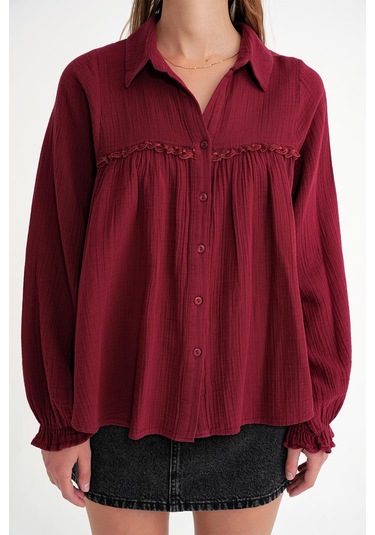 4677 Kadın Dantel Detaylı Müslin Gömlek Bordo Bordo