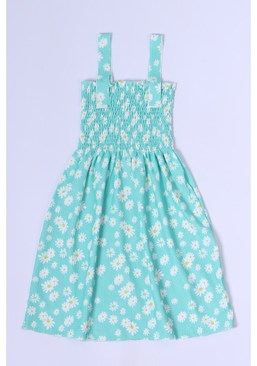 Kız Çocuk Askılı Elbise Çiçek Desenli B35 Hcm00119 SU YEŞİLİ