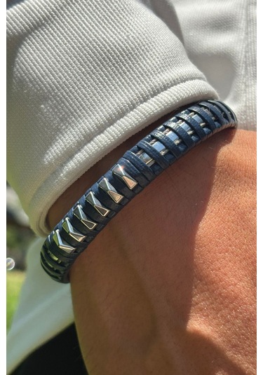 Mavi Çizgili El İşçiliği İle Üretilmiş Hakiki Deri Erkek Bileklik Gümüş - Mavi