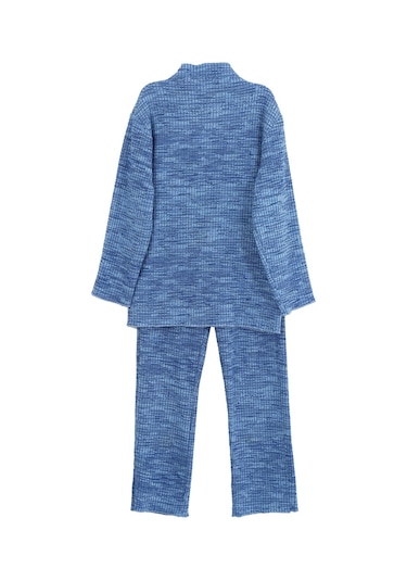 Luess Kız Çocuk Fitilli Esnek Kumaş Balıkcı Yaka Bluz Tayt Takım-Mavi