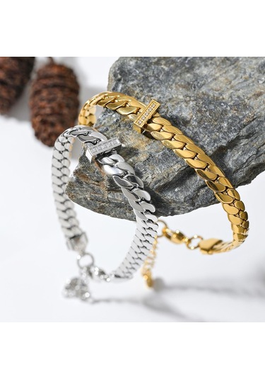 Gümüş Eetit Yüksek Kalite 18 K Altın Kaplama Küba Zincir Paslanmaz Çelik Bilezik Bileklik Zirkon Bildirimi Şık Moda Su Geçirmez Takı Gümüş