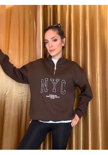 Ali Butik Kahve Nyc Nakışlı Şardonlu Sweatshirt Kahve