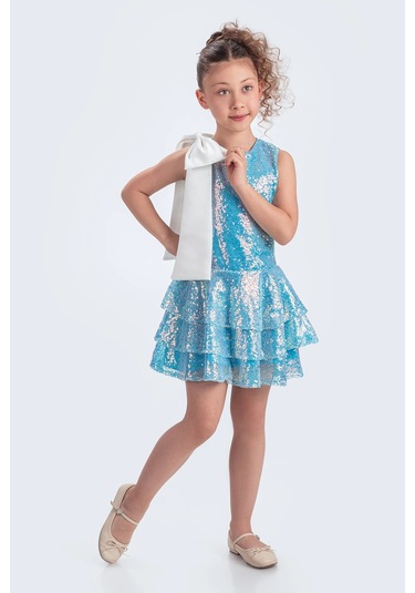 Etekli Şık Elbise Pullu 3 Kat Turkuaz