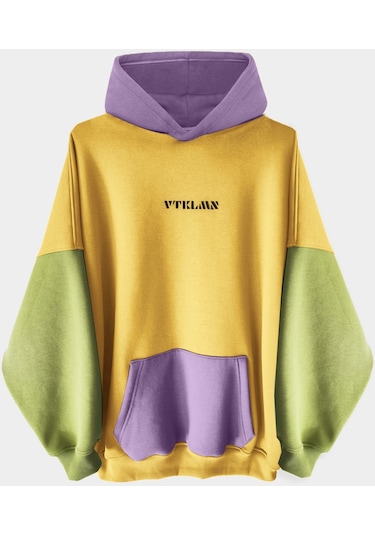 Sarı Yeşil Lila Renkli Kapüşonlu Hoodie Sweatshirt Lila - Sarı - Yeşil