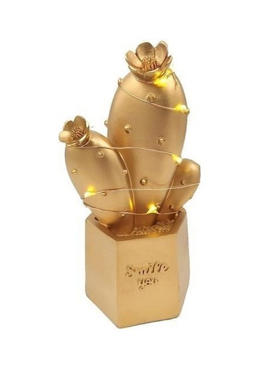 Led Işıklı Sevimli Kaktüs Dekoratif Masa Lambası Mini Biblo Gece Lambası Gold Beyaz