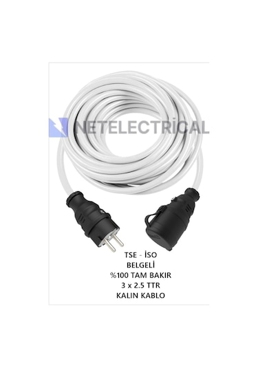 Kauçuk Tekli Seyyar Uzatma Kablosu - 3x2.5 Ttr Kalın Beyaz Kablo - 13 Metre 13 Metre