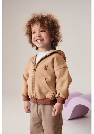 Luess Unisex Çocuk Kedi Nakışlı Fermuarlı Kapüşonlu Hırka Bej