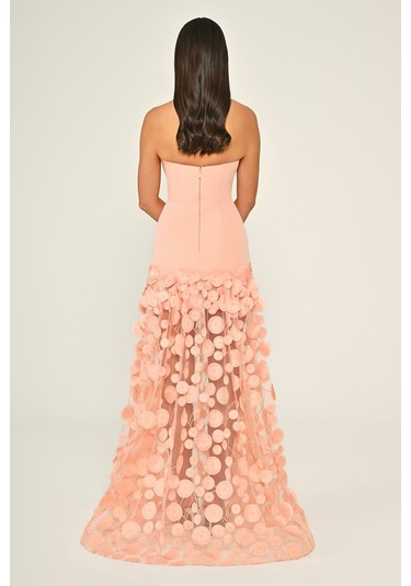 Krep Eteği 3 Boyutlu Tül Uzun Abiye Elbise Alfa Beta B7067 Somon