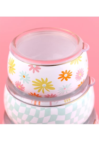 Emaylab Retro Hippi 3' Lü Emaye Tombul Saklama Kabı Takımı-6 Parç Çok Renkli