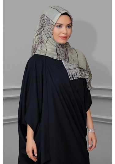 Bej Pratik Hazır Geçmeli Tesettür Eşarp Kesik Elyaf Piliseli Çizg Bej