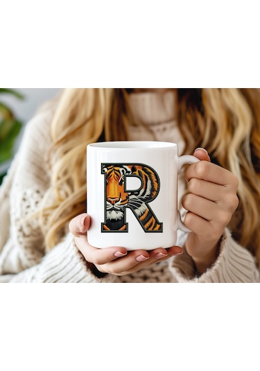 R Harfi Kaplan Figürlü Nakış Desenli Kupa Bardak - Kişiye Özel Vahşi Hayvan Desenli Kupa - Hediye Beyaz