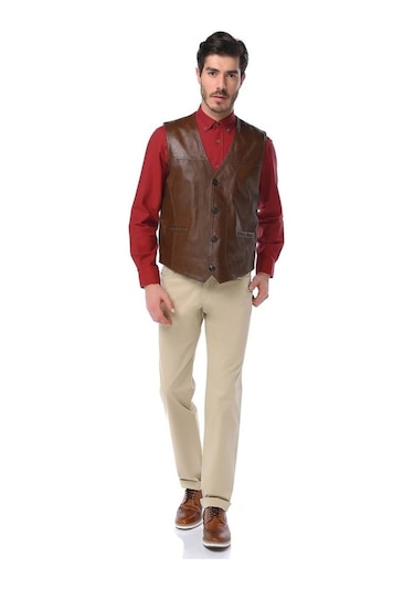 Dericlub 2145 Gerçek Deri Erkek Yelek Camel