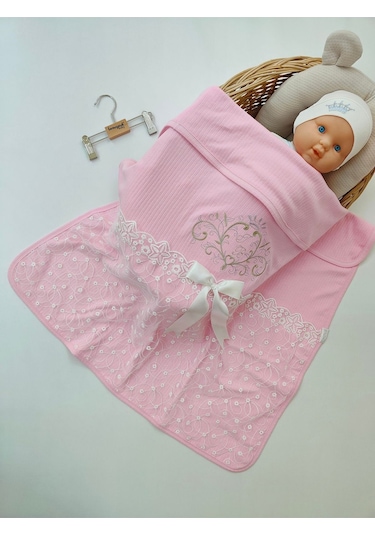 Pembe Kız Bebek Battaniyesi %100 Pamuklu Şık Dantelli Nakışlı Doğal Organik Uyku Örtüsü Yenidoğan Pembe