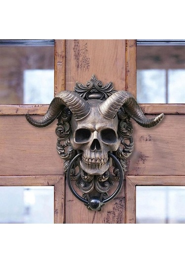 Pazly Şeytan Boynuzlu Kafatası Asılı Tokmağı, Ağır Hizmet Gotik Ev Dekorasyonu, Reçine, Bronz, 10.5x3x13cm