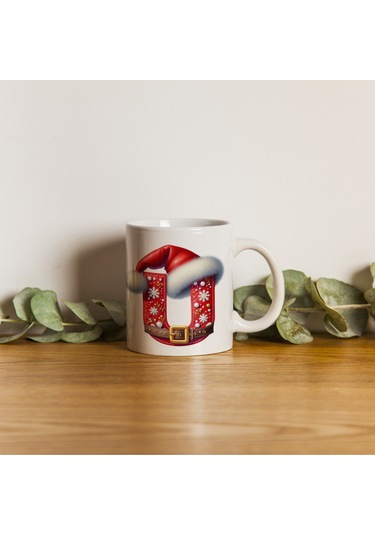 U Harfi Yılbaşı Temalı Bardak 330 Ml Harfli Kişiye Özel Hediye - Yeniyıl / Noel Şapka Tasarım Beyaz