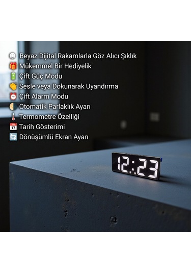 Upway Çift Alarmlı Dijital Masa Saati-aynalı Termometreli Tarihli Sese Duyarlı Beyaz Siyah - Beyaz