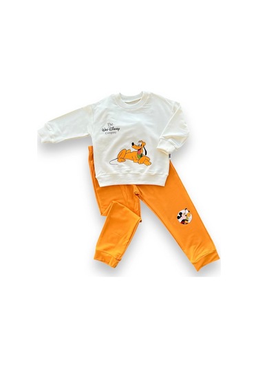 6-9-12-18 Ay Köpek Baskılı Pamuk Penye Kumaş Erkek Bebek Takımı Turuncu Turuncu