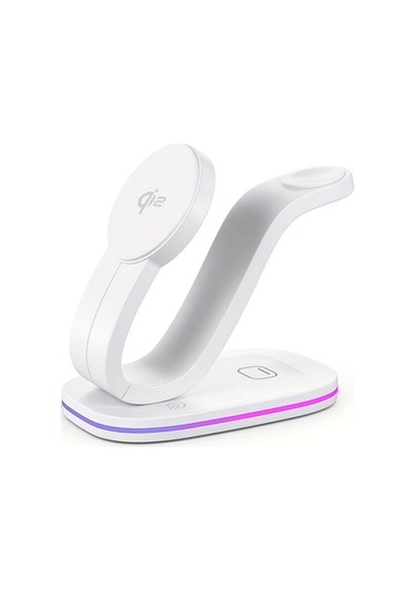 Topshop1 Beyaz Qi2 Manyetik Kablosuz Sarj Cihazi 3u 1 Arada Kuğu Tasarimli İphone Uyumlu 16 15 14 13 12 Watch Airpods Pro 4 3 2 Icin 18w Renkli Led