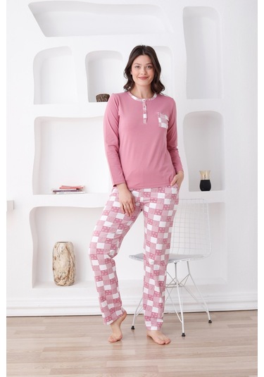 Ekoseli Kadın Pijama Takımı - 3 Düğmeli Uzun Kollu Likralı Penye Cepli Alt Gül Kurusu