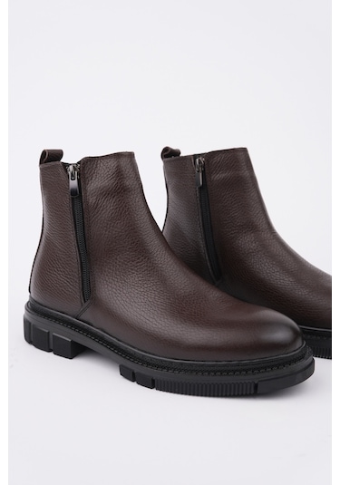 Muggo Chelsea Hakiki Deri Çift Fermuarlı Garantili Erkek Kışlık Bot - Kahverengi