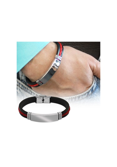 Silikon Kordonlu Silver Renk Çelik Plakalı Kırmızı İp Detaylı Kişiye Özel İsim Harf/yazılı Erkek Bileklik Çelik