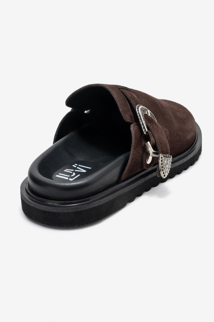 Vesta Kahverengi Süet Tokalı Hakiki Deri Kadın Burnu Kapalı Terlik Kahverengi