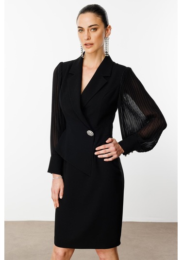 Moda İlgi Kadın Kolları Piliseli Kruvaze Kapamalı Midi Boy Elbise 6617 Siyah Siyah