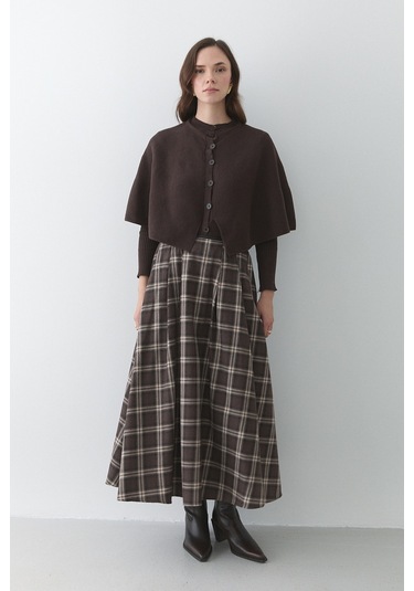 Kahverengi Deri Şeritli Ekoseli Etek - 4977 Kahverengi