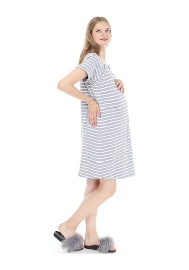 Luvmabelly Myra9580 Yandan Çıt Çıtlı Hamile Geceliği - Gri Çizgili-gri