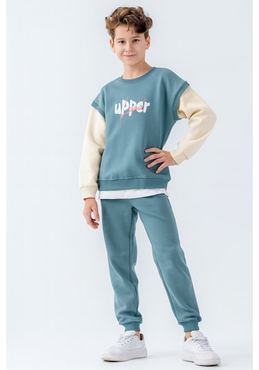 Erkek Çocuk Upper Baskılı 3 İplik Kalın Kışlık Eşofman Takımı Ak4231 Mavi