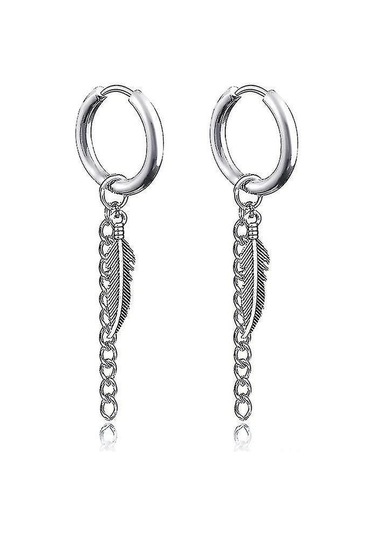 Samdoo Erkekler İçin Gümüş Renkli Tüy Pendanlı Vintage Metal Çember Küpe - Deliksiz Tasarım, Konforlu Taşım, Paslanmaz Çelik Malzeme Diğer