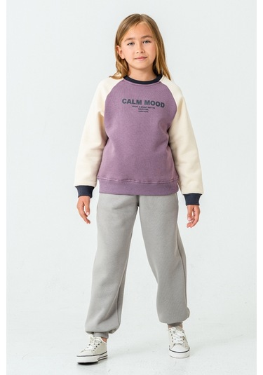 Kız Çocuk Calm Mood Baskılı 3 İplik Kalın Kışlık Eşofman Takımı Ak4209 Lila