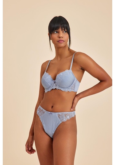 Paris Gri Mavi Balenli Dantelli Dolgulu Push-up Sütyen Mavi